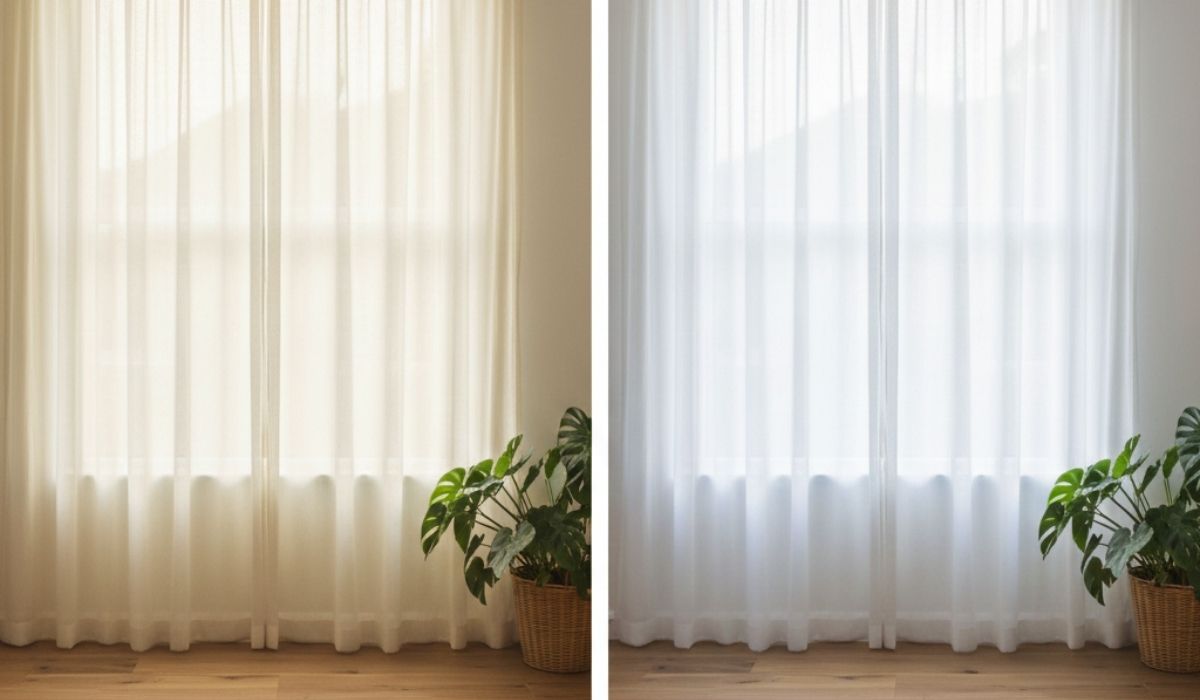 The left side shows yellowed, dingy white sheer curtains hanging in a living room. The right side shows the same curtains restored to a bright, crisp white.
