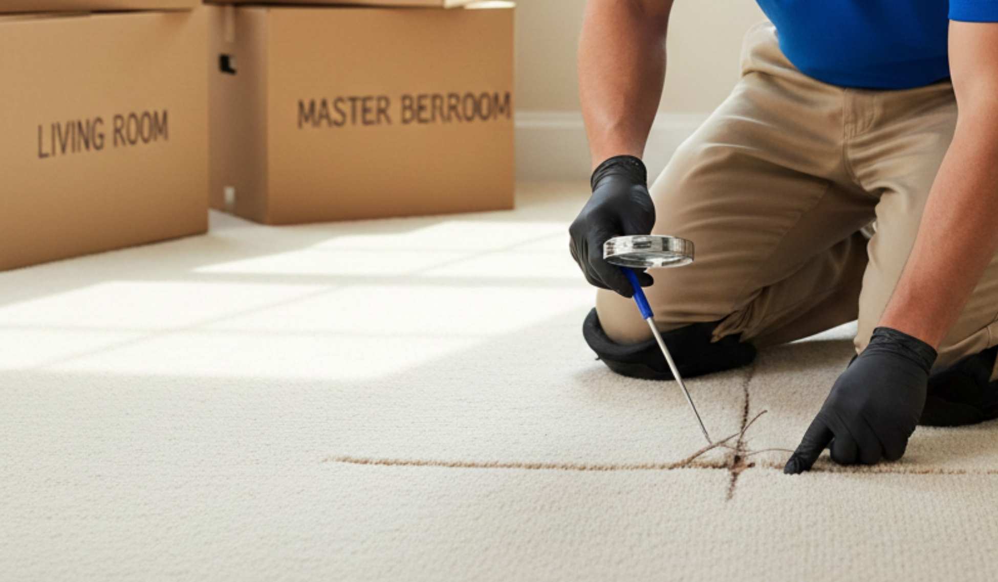 A professional carpet technician in a blue uniform and gloves kneeling on a beige carpet, using a precision tool to inspect a damaged seam in a bright, sunlit room with moving boxes.