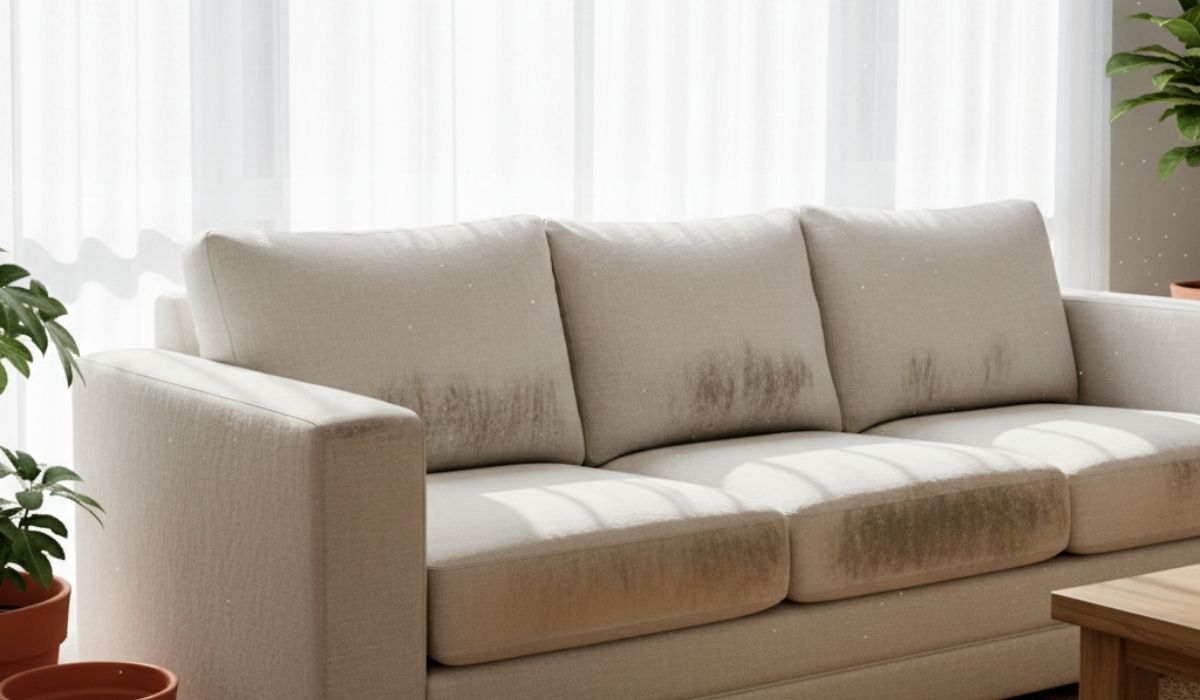 A light-colored fabric couch sits in a bright Australian living room next to a large window. Dark dust soiling and sun-fading are clearly visible on the cushions and armrests.